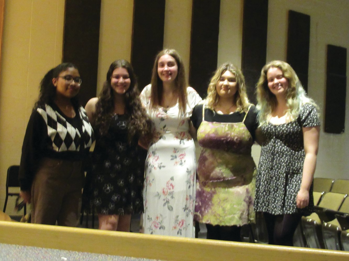 SPECIAL SINGERS: Tri-M vocalist Abigail Salas, Melanie Capraro, Jullia Droukas, Destinee Costa and Tracy Blondin helped make last week’s National Honor Society Induction Ceremony super special when they sang the processional march.